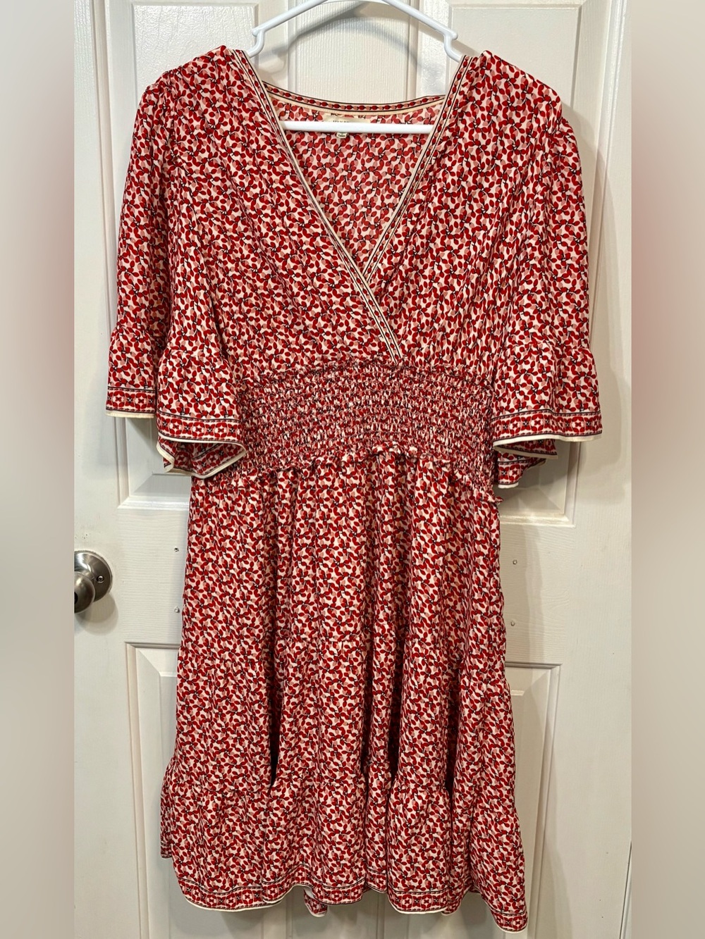 Max Studio Red Floral V-Neck Smocked Midi Dress